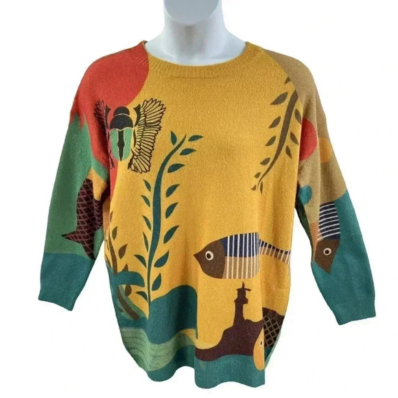 YESNO Wool Blend Womens L Sweater Graphic Oversized Pullover Casual Loose Long S - Picture 1 of 14